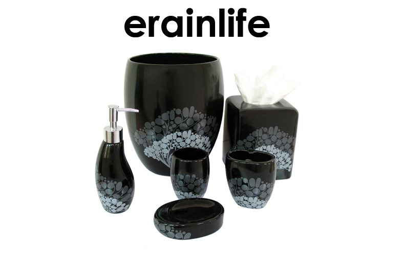 Popular Decal Ceramic Bathroom Accessories Set Black Stoneware Waste basket