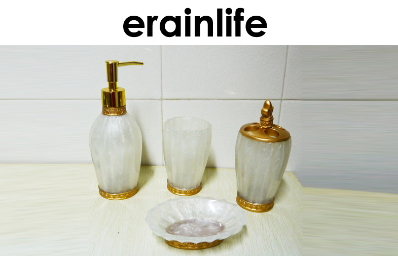 Artificial Jade Polyresin Craftwork Bathroom Accessory Set 4pcs With Hand painted Gold Color
